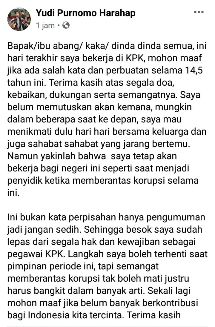 yudiharahap46's tweet photo. Pamit ya tweeps dari sebagai penyidik KPK, terima kasih atas dukungannya selama ini https://t.co/NGBsLRlgSZ