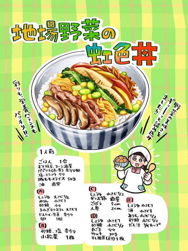 いらっしゃい!

今日の日替わりは、#新潟 の「地場野菜の虹色丼」だよ。

具材に合わせて味付けを工夫し、虹のように盛り付けた見た目も鮮やかな栄養満点の一杯。

目で見て楽しんで、食べて元気になってね♪

#どんぶり食堂
#農家の皆さんありがとう 