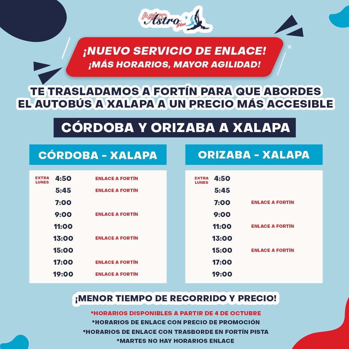 BusAstroPlus's tweet photo. 📣A partir del 4 de Octubre con nuestro Nuevo Servicio de Enlace podrás disfrutar de ¡Más horarios a un súper precio! 

🚐Te trasladamos de Córdoba y Orizaba a Fortín para que abordes el autobús a Xalapa con muchas más opciones de horarios🚌 https://t.co/APKgJX9VFO