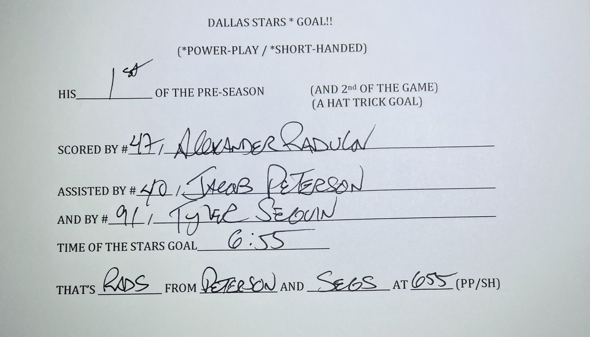 jeffk_stars's tweet photo. Dallas STAAAAAARS GOAL! π¨ his 1st of the preseason, scored by #47 ALEXANDERRRRRR RRRRRRADULOV! Assisted by #40 Jacob Peterson & #91 Tyler Seguin. Time of the #Stars goal 6:55. #FLAvsDAL #NHLPreseason #AllTheRs #Kscratch #TexasHockey https://t.co/nspFLiJwPi