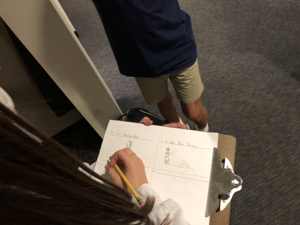 CASpanish1's tweet photo. C/A Spanish 1 students tried their first running dictation today.  Teams raced to find their text, share it in Spanish, and illustrate its meaning.  Love this idea from The Comprehensible Classroom!  #empowerthechild https://t.co/sicjntsufr