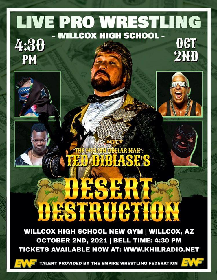AnthonyIdol's tweet photo. Be sure to catch the pro wrestling action @MDMTedDiBiase's #DesertDestruction 🏜
#Wilcox #Arizona October 2nd during #RexAllenDays weekend whether it's @TWBFilmFestival the #Rodeo the #Parade or the #Softball tournaments Wilcox will be rocking! Tix https://t.co/nB4FdhQQ3k https://t.co/SOY8Jvv0FP