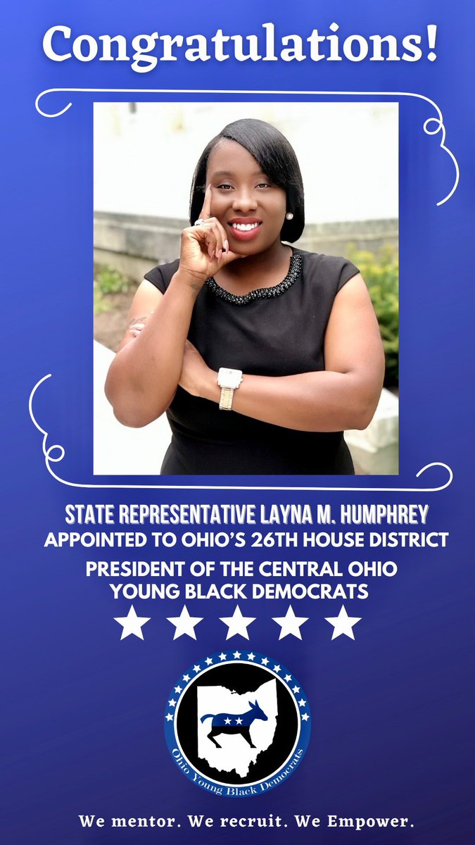 C_OYBD's tweet photo. This news comes with extreme excitement and expectation. Congratulations to our sister, our friend, now our State Representative @latynamhumphrey for being appointed to OH-26 succeeding now Commissioner Erica Crawley! Congratulations we love you! 💙🖤🤍 https://t.co/udt2J8Aa66