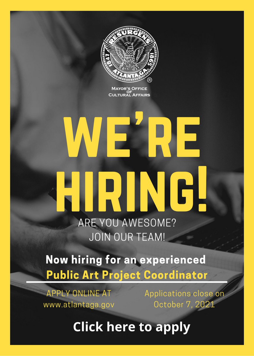 AtlantaOCA's tweet photo. NOW HIRING Experienced Public Art Project Coordinator! Only applications submitted via the City website will be considered. Opportunity expires 10/7/21. Apply online: https://t.co/yxcGhIgKUm
#publicart #Jobs #artjobs #Atlanta #atlantajobs #HIRINGNOW #hiring #artprofessional https://t.co/Mmy7AkQMuD