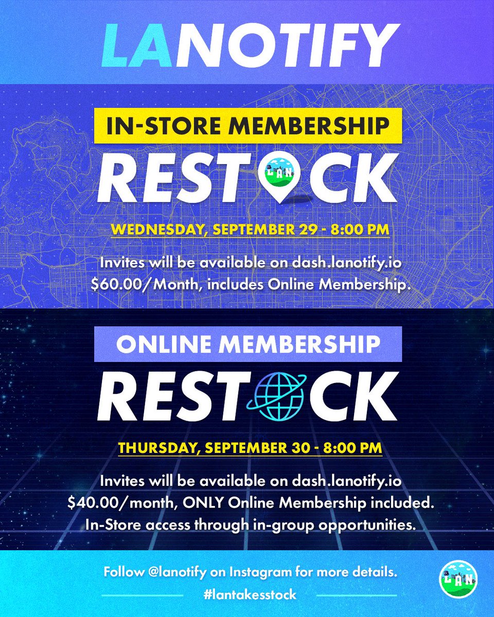 Just over 90 minutes until restock Memberships!

Who’s ready? Good luck guys!

Link will be posted in our IG bio at 8:00 PM sharp: dash.lanotify.io 

#LANTAKESSTOCK || #LANWAY