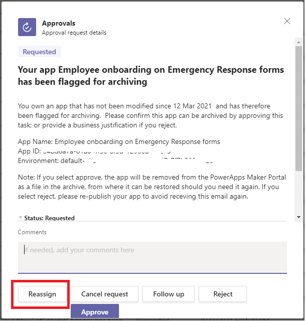anjCerbolles's tweet photo. I'm so happy to see the #Reassign button in the #PowerAutomate approval app in #MSTeams. 🥳🥳 Thank you so much for the team who work this out to bring out the reassign button! 🧡🤗
The follow-up button is still not working, but I know you'll get there. 🦾 https://t.co/TGdeiwXKYh