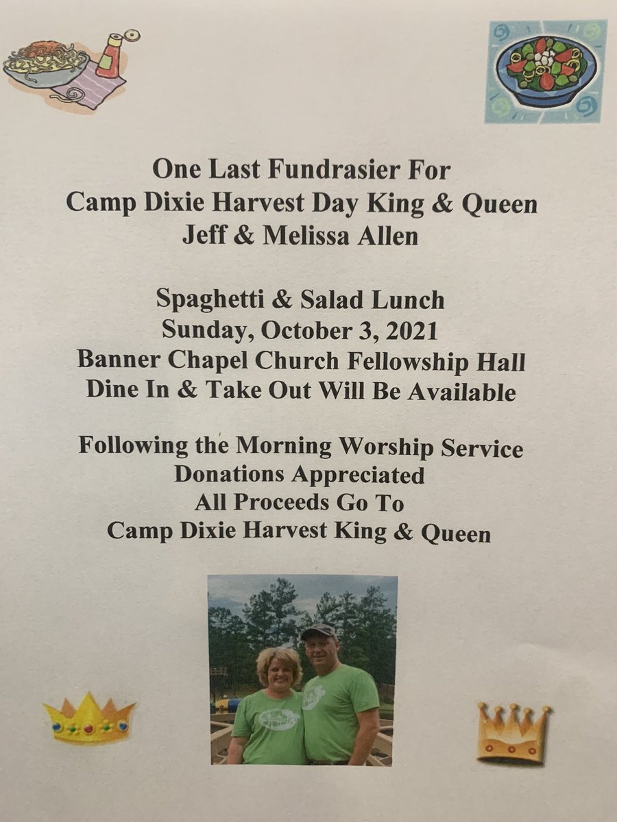 One last Fundraiser for Banner Chapel Church Harvest Day King &amp; Queen for Camp Dixie! Thank you to everyone that has supported me &amp; Jeff so far this year! Let’s do one last great fundraiser for Camp Dixie!
🏕👑✝️💜
<a href="/jallen1161/">Jeff Allen</a> 
<a href="/BannerChapel/">Banner Chapel</a>