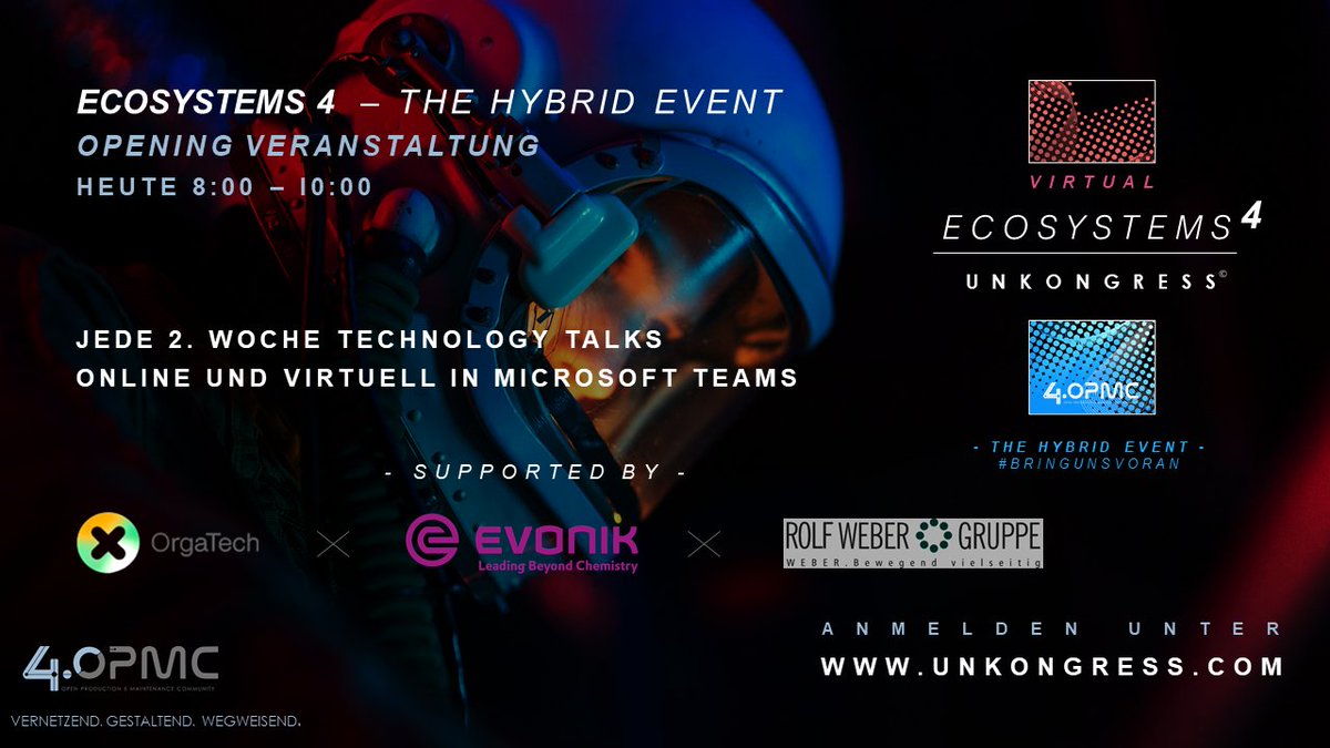 Donnerstag, 30.09.2021 | 8:00 Uhr - 10:00 Uhr | 
Opening der Ecosystems 4. Die Eventreihe des 4.OPMC.
Spannende Einblicke in Industrie 4.0 und Instandhaltung.
 
Kostenlose Anmeldung zur Eventreihe Ecosystems 4 über unkongress.com ! #bringunsvoran