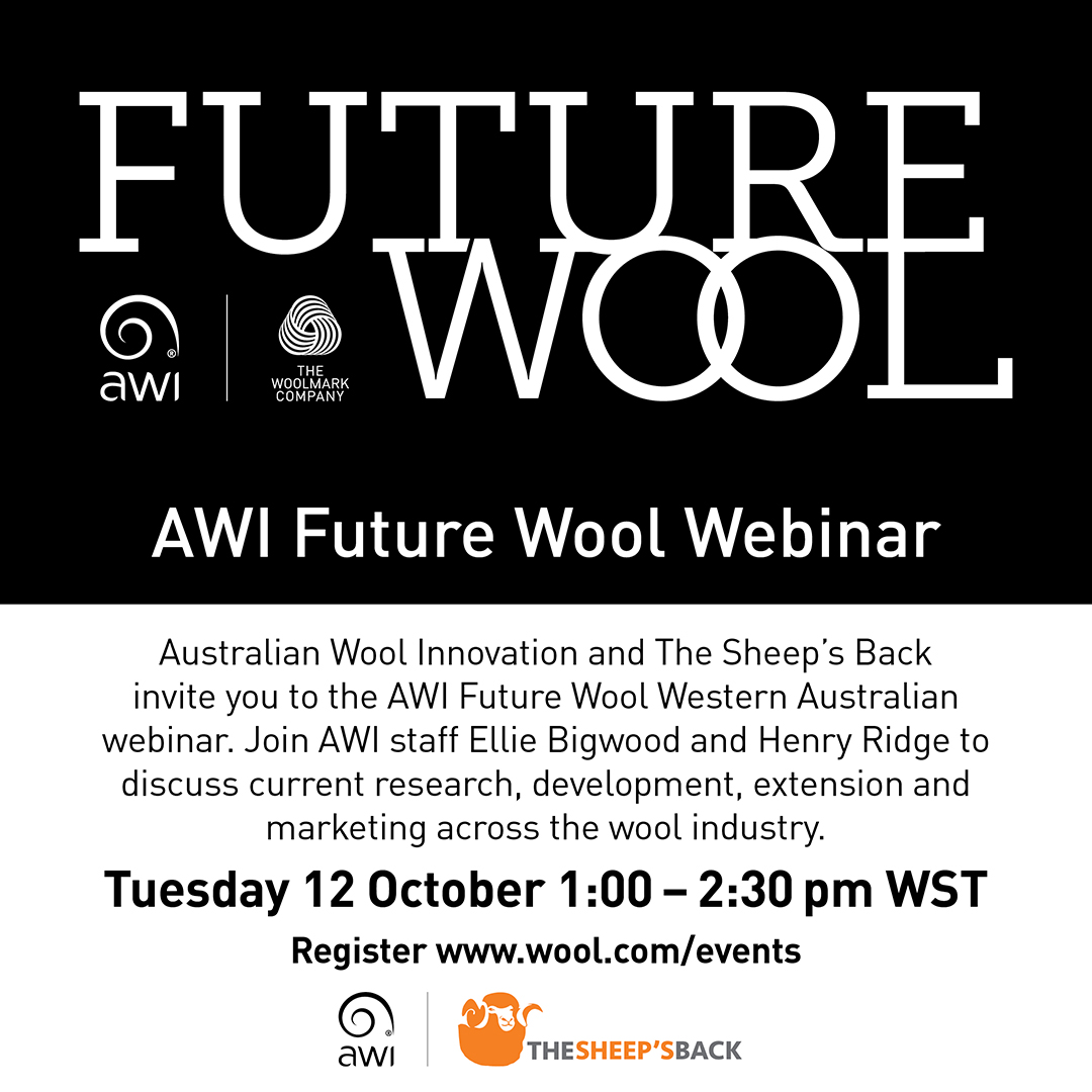 AWIExtensionWA's tweet photo. Did you miss out on the the Future Wool dinners across WA? @woolinnovation and TSB are bringing Future Wool to you!
Join AWI staff @ellie_bigwood and @henryridge24 October 12 via webinar to hear about the latest research, developments and marketing in the wool industry. https://t.co/00DngDKOzP