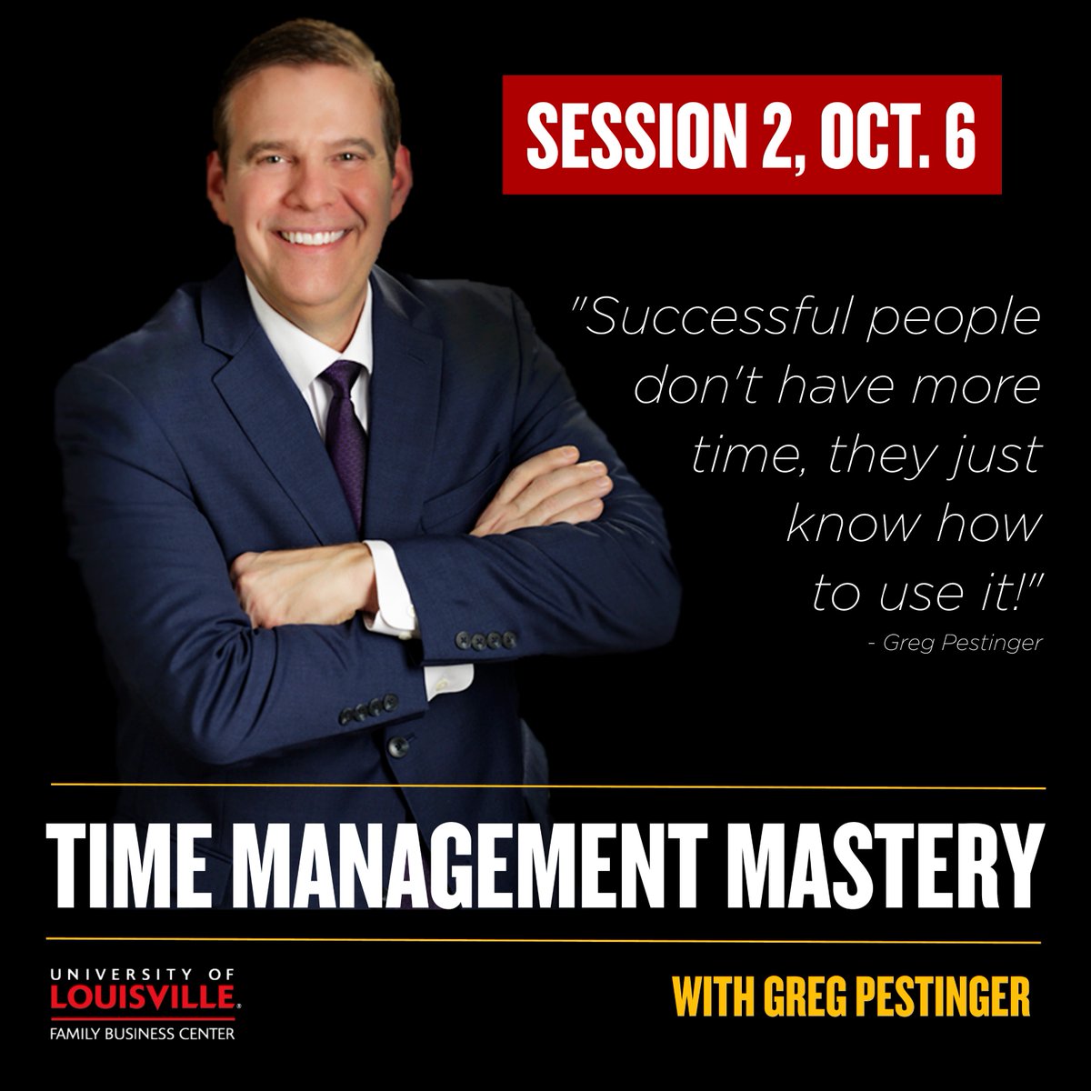 UofL STUDENTS! October 6 is the second session in our "Time Management Mastery Series" presented by Greg Pestinger. This class will focus on setting priorities and tackling procrastination!

Register for this session here:
ow.ly/3RoB50Gj5R3