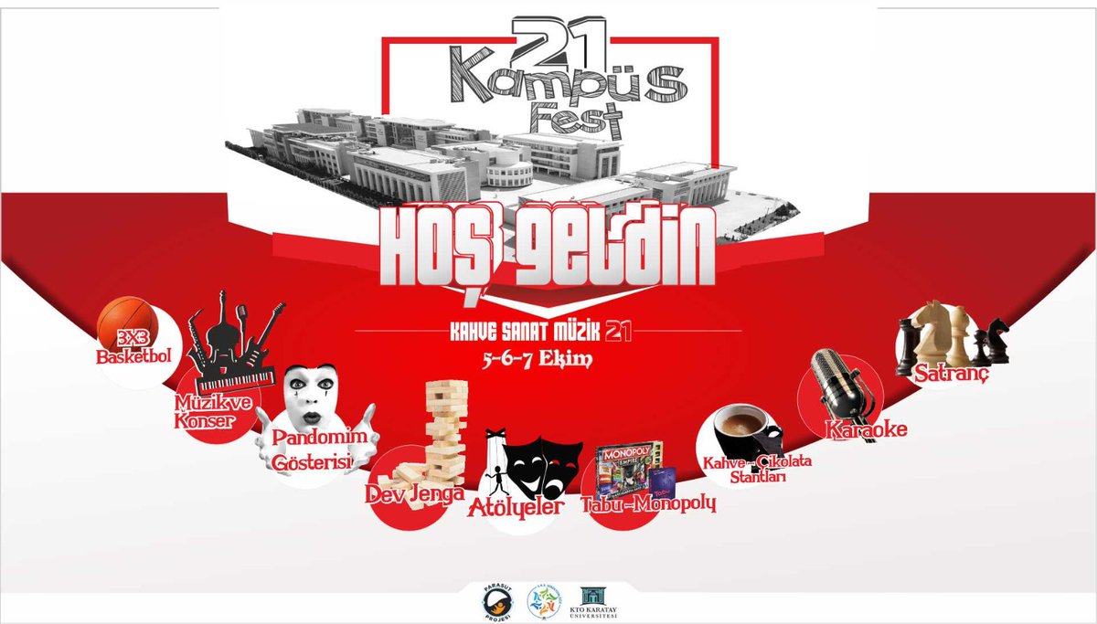 📍KAMPÜS FEST’21 ile Yine, Yeniden KTO Karataylılar ile Buluşuyoruz❗😎

Sahne performansları, atölyeler, üniversite hayatınıza anlam katacak öğrenci toplulukları, sıcacık kahveler ve sohbetlerle 5-6-7 Ekim'de sizlerleyiz🙂☕🍫

Atölyelere kayıt için➡️forms.gle/N9PRVjLH6q2DCB…