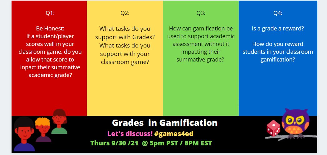 How do #Grades &amp; #Gamification interact in you class?
Join me at the #game4ed hash tag Thursday, Sept. 30th at 8pm EST to chat about the thing some #educators get wrong in their game efforts.
Play More Games!
#education #edutwitter #teachertwitter #educhat #seriousgames #GBL