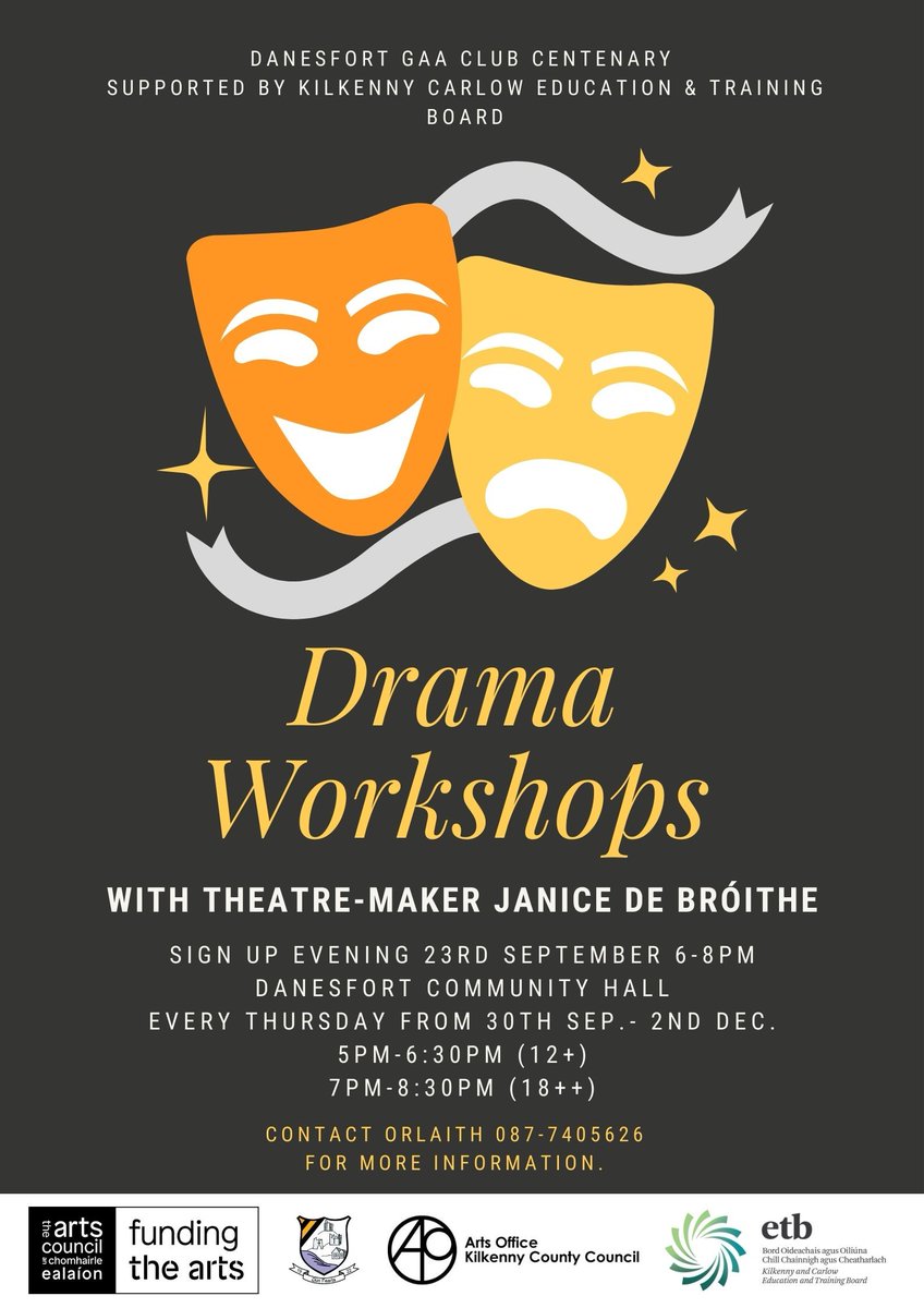 DanesfortCLG's tweet photo. Our first drama workshops kick off tonight at Danesfort Community Hall! 5pm-6:30pm for 12-18yr olds, 7pm-8:30pm for adults. It's all about having fun and getting to know each other so don't be afraid to get involved. #DanesfortCentenary #Community #Danesfort100 @KkCwETB https://t.co/Adg7y4hzdn
