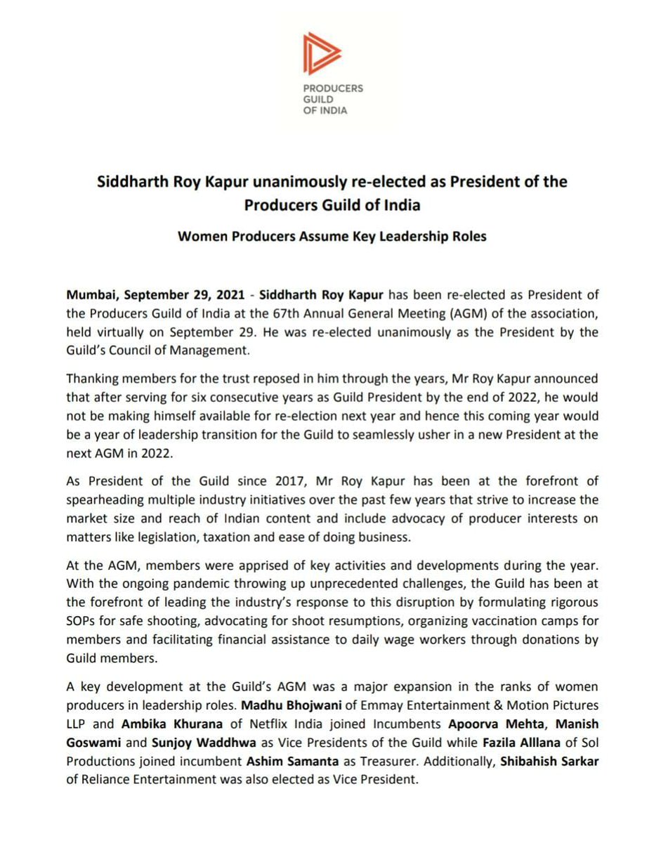 SIDDHARTH ROY KAPUR RE-ELECTED PRESIDENT OF PRODUCERS GUILD OF INDIA... Women producers assume key leadership roles... OFFICIAL STATEMENT...
#ProducersGuildOfIndia #SiddharthRoyKapur