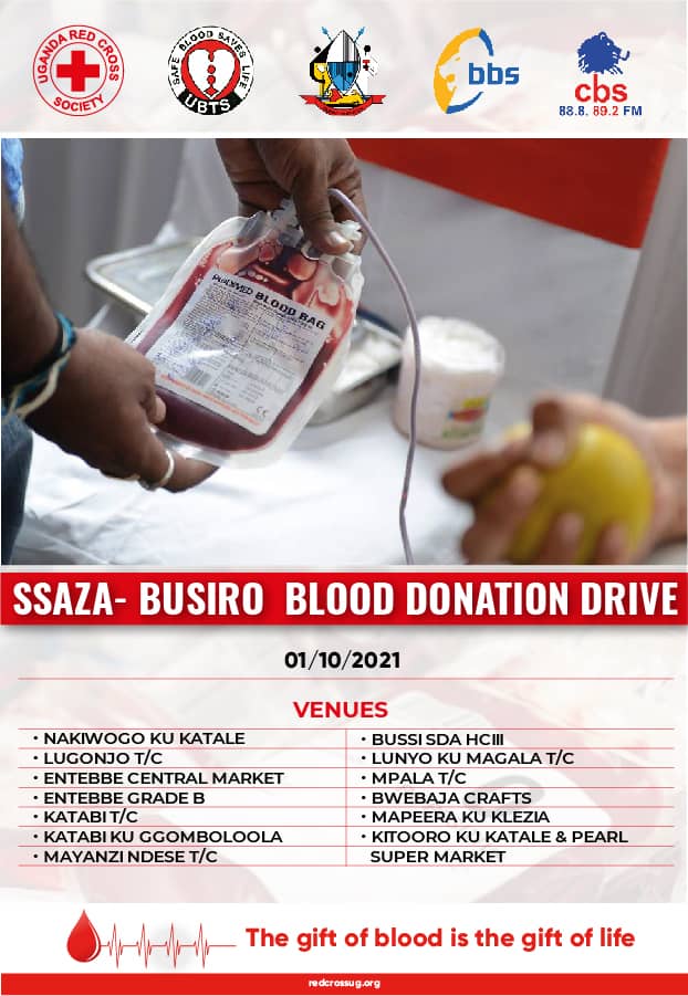 Uganda Red Cross Society (@ugandaredcross) on Twitter photo Blood donation schedules for today and tomorrow.
We are working alongside the <a href="/kabakafound/">Kabaka Foundation</a> to penetrate Busiro County (E Ssaza lya Kabaka ery'e Busiro) to mobilise blood donors.
Our target is to raise 9000 units in one week.
The drive ends tomorrow 1st Oct '21.
#BloodMatters Blood donation schedules for today and tomorrow.
We are working alongside the <a href="/kabakafound/">Kabaka Foundation</a> to penetrate Busiro County (E Ssaza lya Kabaka ery'e Busiro) to mobilise blood donors.
Our target is to raise 9000 units in one week.
The drive ends tomorrow 1st Oct '21.
#BloodMatters