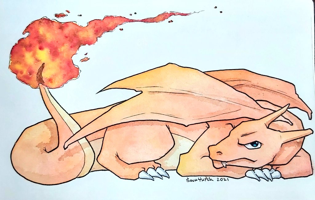 sour_trick's tweet photo. POKÉDEX-006: Charizard
#pokédexproject #Pokemon #Charizard #charizardtoken #pokemonfanart #fanart #fire #Dragon #lizard #anime #manga #Nintendo #traditionalart #art #watercolor #painting #illustration #drawing https://t.co/tHjPHcIGx7