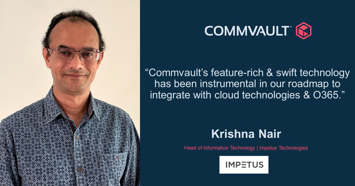SabinoVino's tweet photo. @Commvault just doesn’t simplify customer’s #cloud journey but also enables them to scale and #protect it. Hear what @impetustech has to say.
#CustomerSuccess #IntelligentDataManagement https://t.co/nzIBAemjay