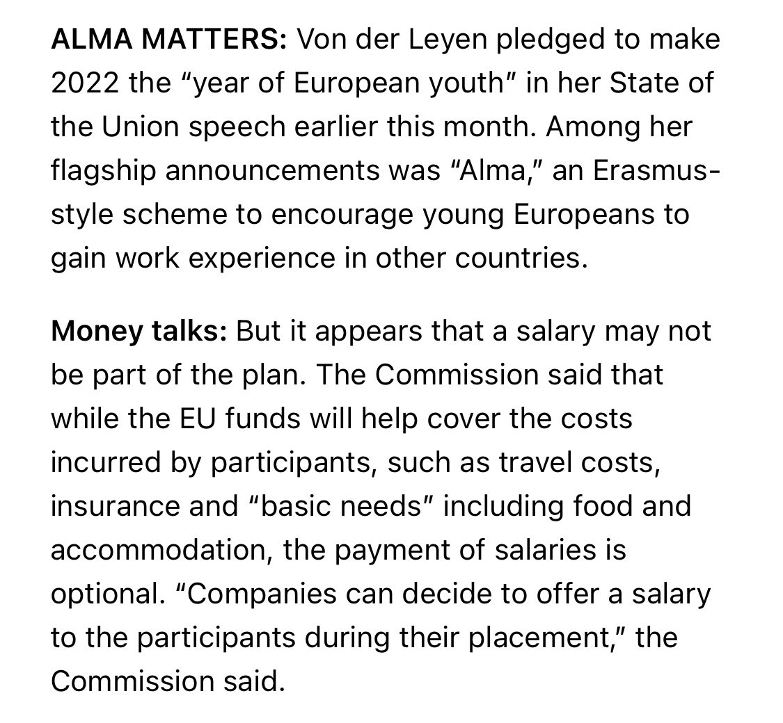 🤦‍♀️🤦‍♀️Did we learn nothing over the past 10 yrs?

No/low quality/remuneration are 2 of the biggest issues with the #YouthGuarantee too. 

Make it compulsory for employers to pay, through their own budgets or with EU funds.

Let’s make 2022 the 🇪🇺 Year of Youth RIGHTS, yes?

#ALMA