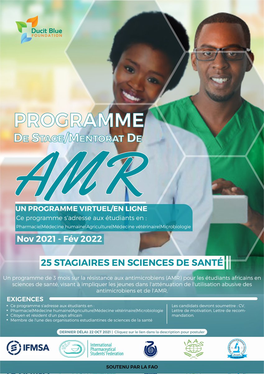 DucitBlueFdn's tweet photo. Call for Cohort 2: 
We are collaborating with IPSF, IFMSA, IAAS, IVSA and NAMS to offer a youth mitigating antimicrobial misuse and resistance(AMR) virtual programme for sub-Saharan African one-Health students.
#FAO
#AntimicrobialResistance 
#YouthProductivity
#TheAfricaWeWant https://t.co/7XhOdUGHe3