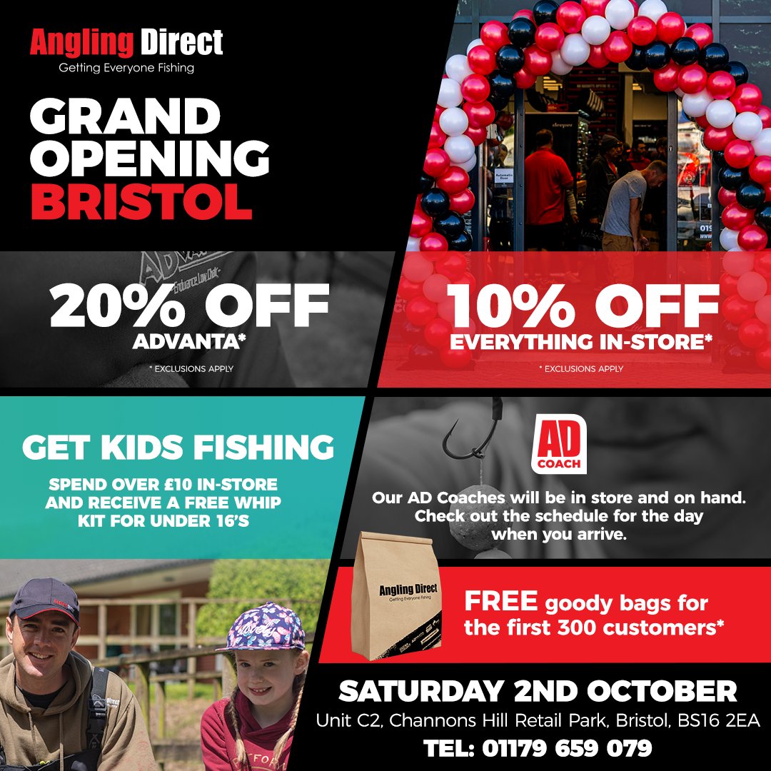Angling Direct on X: 📆 Save the Date - this Saturday 2nd October! Join us  for our belated grand Opening at our Angling Direct Bristol store 🕑  08:00-18:00 📍 Angling Direct Bristol