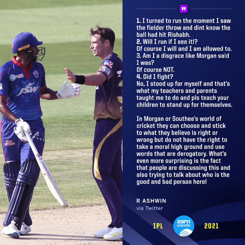 cricinfo's tweet photo. In a series of tweets earlier today, R Ashwin narrated the sequence of events in the game against #KKR and said that the players should not be vilified if they are not playing according to a certain section's way of looking at it

#IPL2021