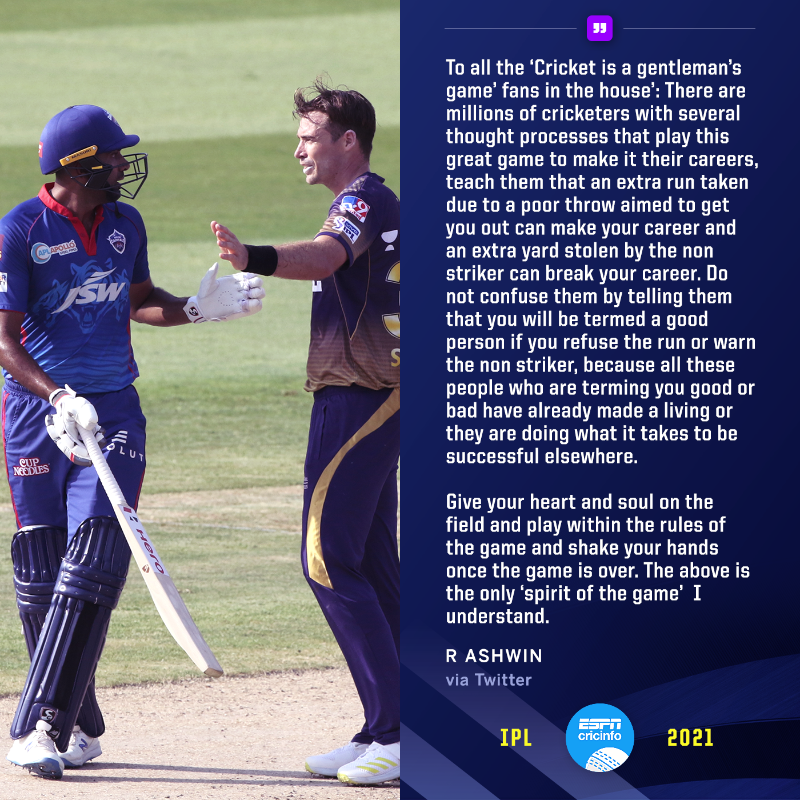 cricinfo's tweet photo. In a series of tweets earlier today, R Ashwin narrated the sequence of events in the game against #KKR and said that the players should not be vilified if they are not playing according to a certain section's way of looking at it

#IPL2021