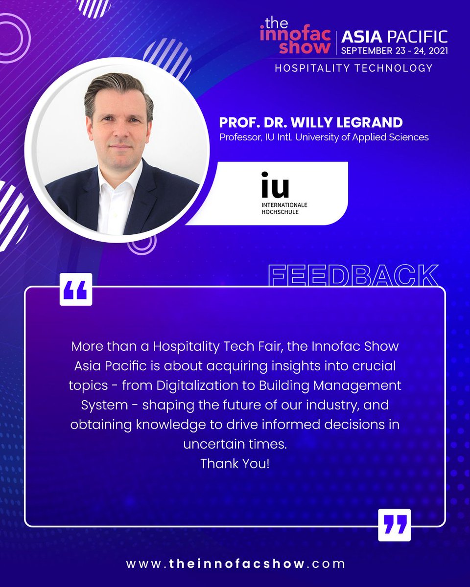 Thank You to Prof. Dr. Willy Legrand For Such Kind Words! It Has Been A Great Experience and We Hope to See You Again!

Know More: theinnofacshow.com

Stay Tuned for the #Session #Videos!

#asiapacific #virtualevent #hospitality #hotel #meetings #business #industry