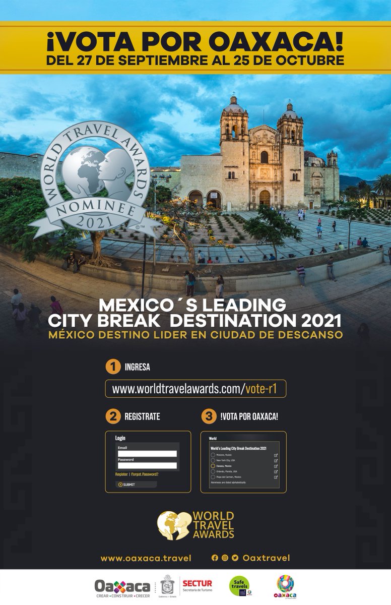 Oaxtravel's tweet photo. Una vez más #Oaxaca está nominado por los World Travel Awards, los premios más importantes del turismo en el mundo.

Ayúdanos a mostrar la magia de nuestro Estado a todo el mundo, vota a través del siguiente enlace:
https://t.co/83cgH0TWHp

#OaxacaLoTieneTodo https://t.co/C8Kej3fFZr