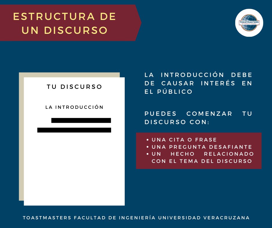 TMFiuv's tweet photo. 🔸GUIA DE LAS PARTES DE UN DISCURSO.

Esto es solo una guía para que puedas elaborar tu discurso, pero no es una receta de cocina. Ya que debes de adaptar tu discurso al propósito que le quieras dar.

#Toastmasters https://t.co/Wvb6O1EeYM