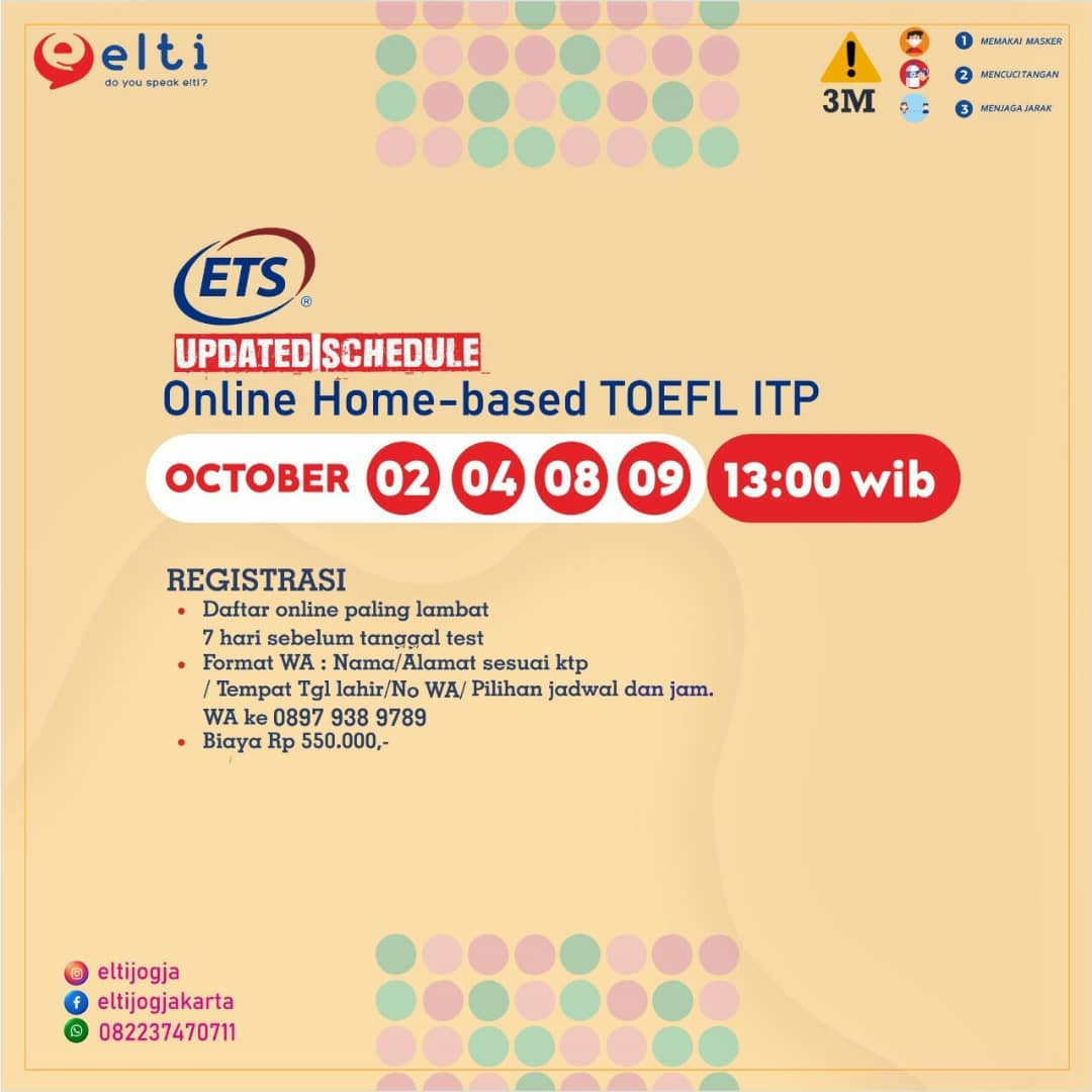 eltijogja's tweet photo. Jadwal TOEFL ITP
Online bulan September
⠀
Untuk registrasi langsung Wa dengan format :
Nama/Alamat sesuai ktp/Tempat &amp; Tgl lahir/No WA/Pilihan jadwal dan jam.⠀
⠀
https://t.co/5QtehMI8ig⠀ https://t.co/cQnp6jenq0