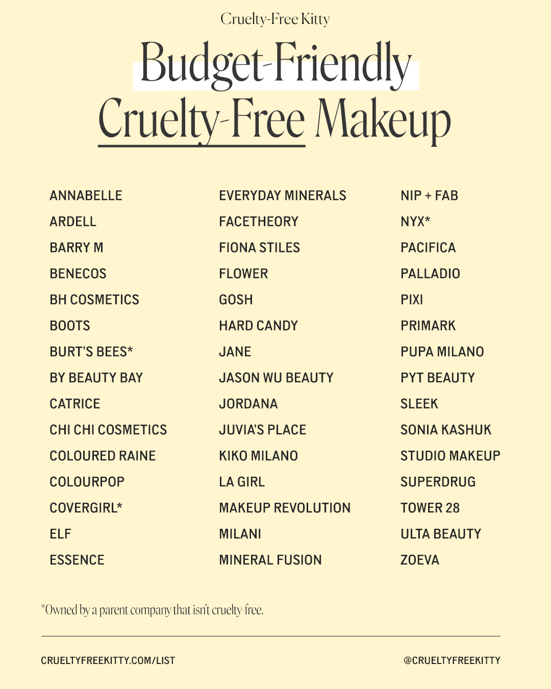 Fritagelse forværres tilfældig Cruelty-Free Kitty on Twitter: "Affordable list of cruelty-free makeup  brands 🙌 You'll find these brands at drugstores across the world in many  cases, or online. It's super easy to go cruelty-free no