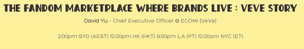 Reminder that <a href="/DavidYuNZ/">David Yu ⭕️</a> is on in 20 mins #VeVeFam 
#NFTFestAus 
nftfest.com.au

<a href="/ecomi_/">ECOMI | $OMI ⭕️</a> <a href="/veve_official/">VeVe | Digital Collectibles</a>