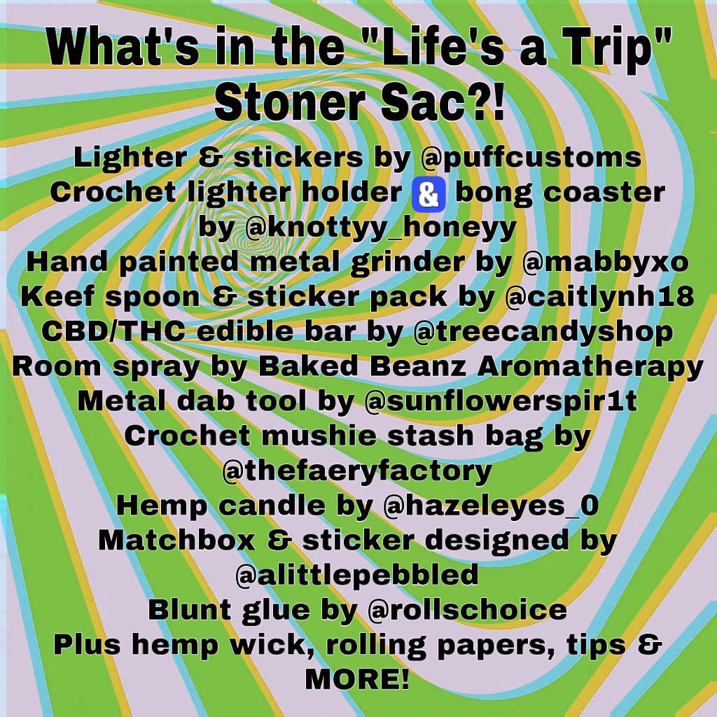 StonerSac's tweet photo. UPDATE! The “Life’s a Trip” #StonerSac will now include BOTH the crocheted lighter holder AND bong coaster by @knottyy_honeyy *IG* 🤩❤️‍🔥 DM to claim! https://t.co/jcVINaLNfW