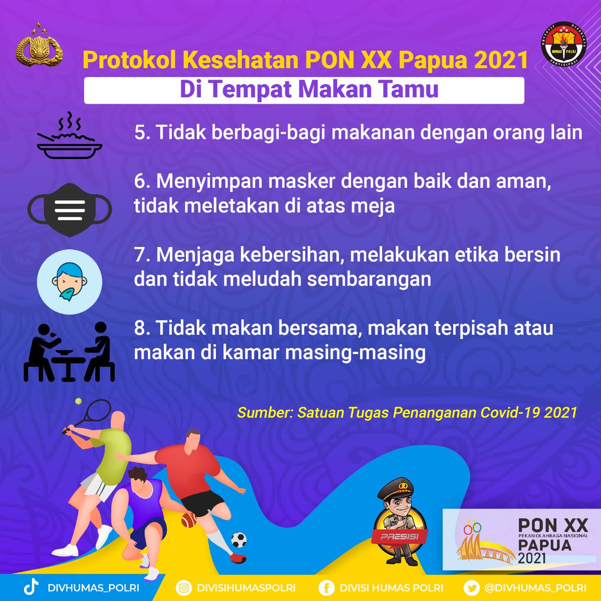 Humas_Respasbar's tweet photo. Datang dan hadiri pelaksanaan PON 2021 dengan tetap menerapkan Protokol Kesehatan. salah satunya di tempat makan tamu.

#PolriPastikanAman
Menuju PON XX https://t.co/r8tgGT9iL8