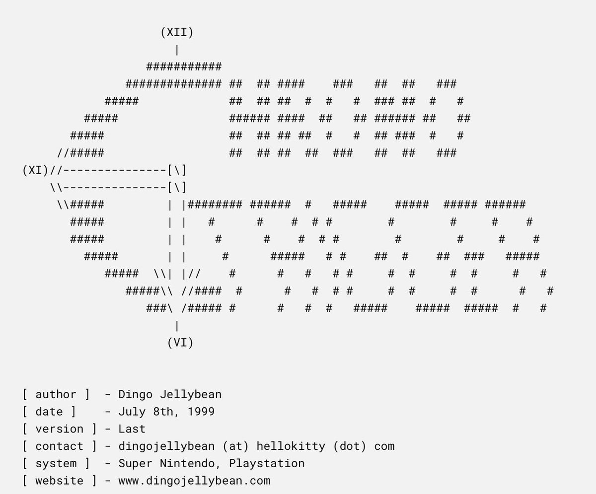 seankiv's tweet image. dudes who wrote GameFAQs guides that opened with ascii art that looked like this were the monastic scribes and illuminators of the 2000s