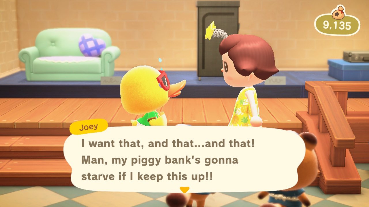 あつ森で学ぶ英会話 リチャード ボクねぇ あれとあれと あれが欲しいんだ あ こんなこと続けてたらボクのブタの貯金箱が腹ペコになっちゃうよねぇ Starve 腹ペコになる 飢え死にする リチャードくん わたしが全部買ってあげるからね