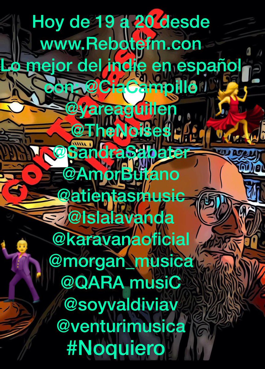 Eh!! Hoy de 19 a 20 en <a href="/Trazasdeindie/">Con trazas de Indie.</a> programa espectacular con: <a href="/CiaCampillo/">Cia Campillo</a> <a href="/yareaguillen/">Yarea🌙</a> <a href="/TheNoises/">The Noises</a> <a href="/SandraSabater/">Grasias</a> <a href="/AmorButano/">Amor Butano</a> <a href="/atientasmusic/">Atientas</a> <a href="/IslaLavanda/">ISLA LAVANDA</a> <a href="/karavanaoficial/">Karavana</a> <a href="/morgan_musica/">MORGAN</a> <a href="/QARA_music/">ＱＡＲＡ</a> @soyvaldiviav <a href="/venturimusica/">Venturi</a> #Noquiero