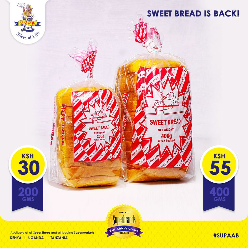 SupaLoafOffcl's tweet photo. Unakumbuka ile utamu ya Sweet bread? it’s back and better. It is now available in our #SupaShops. Grab yours today, 200gms @ Ksh 30 and 400gms @55Ksh.
#Supaab #SupaSweetBread #SupaShops
#Nairobi #Thika #Mombasa #Watamu #Malindi https://t.co/dvgHZnT5cZ