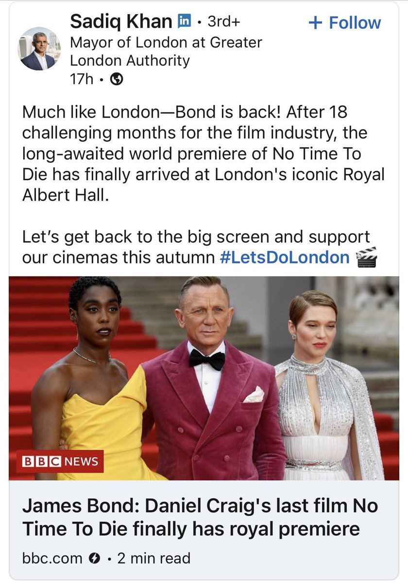 Do what @SadiqKhan says, get back to the big screen and support cinemas 🎬#NoTimeToDie