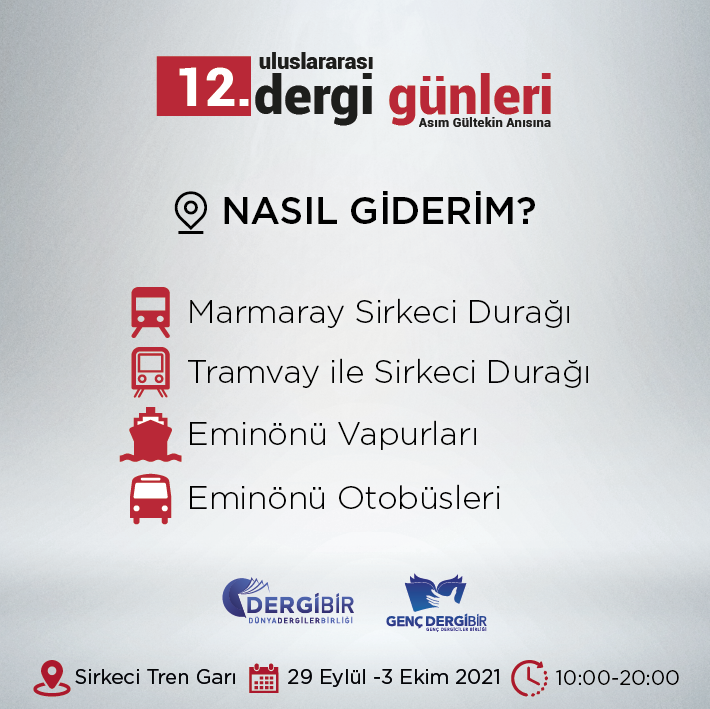 Sirkeci Tren Garı'ndan gerçekleşen 12. Uluslararası Dergi Fuar'ı 2. gününde ziyaretçilerini ağırlamak için hazır. Fuara farklı ulaşım yollarıyla ulaşabilirsiniz. #dergifuarı2021