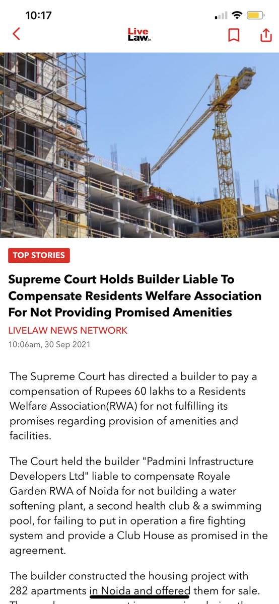 Penultimatelaw's tweet photo. @swasavana @cmohry @PMOIndia @narendramodi The Supreme Court has directed a builder to pay a compensation of Rupees 60 lakhs to a Residents Welfare Association(RWA) for not fulfilling its promises regarding provision of amenities and facilities. https://t.co/KncQ126jMV