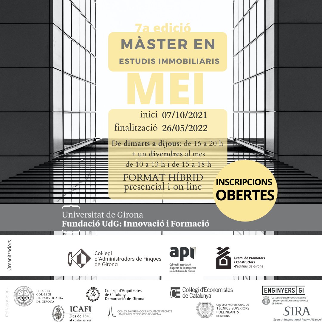 apigirona's tweet image. Sempre pots arribar més lluny amb la teva carrera. Apunta&apos;t ara al Màster en Estudis Immobiliaris de la @fundacioudg i fes el pas! La clau en un bon professional és la millora contínua. Fins avui tens descompte!

👉 buff.ly/2Vp1DxO

#formacióAPI #APIgirona #MEI