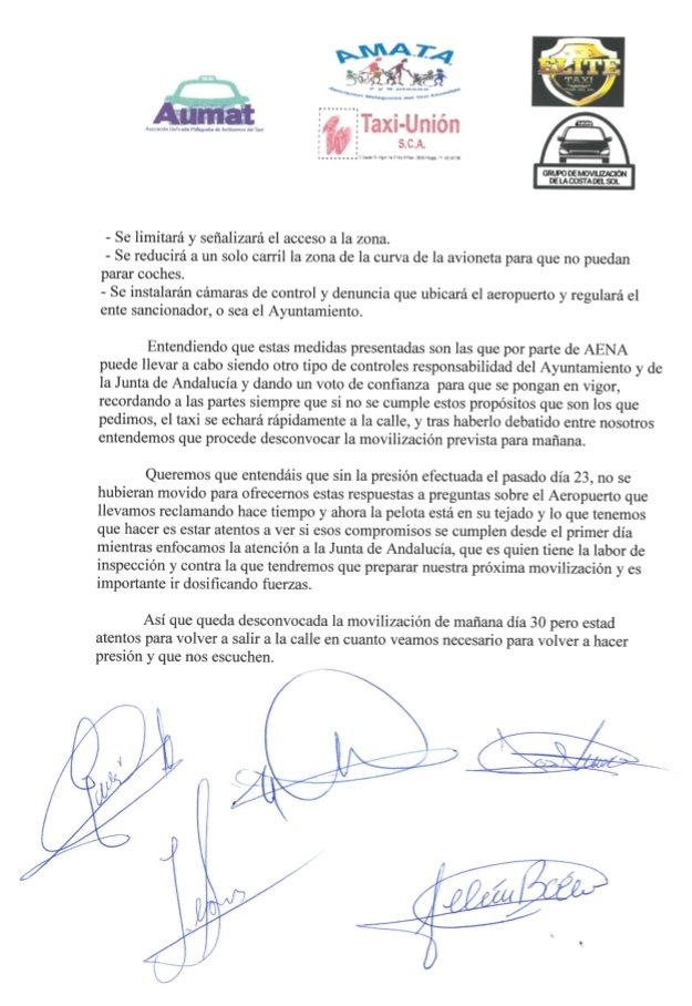 Desconvocada la concentración de los #Taxistas para hoy #30Septiembre  en el aeropuerto de #Malaga.
<a href="/GrupoTaxis/">Grupo Movilización Taxis Costa Del Sol</a> <a href="/AUMATMalaga/">AUMATMalaga</a> <a href="/taxiunionmlg/">Taxi Málaga</a> <a href="/AMATAMalaga/">A.M.A.T.A.</a> <a href="/ELITE_COSTA_SOL/">ELITE TAXI COSTA SOL</a> llegan a un principio de acuerdo con <a href="/aena/">Aena</a> y el Ayuntamiento de <a href="/malaga/">Ciudad de Málaga</a>