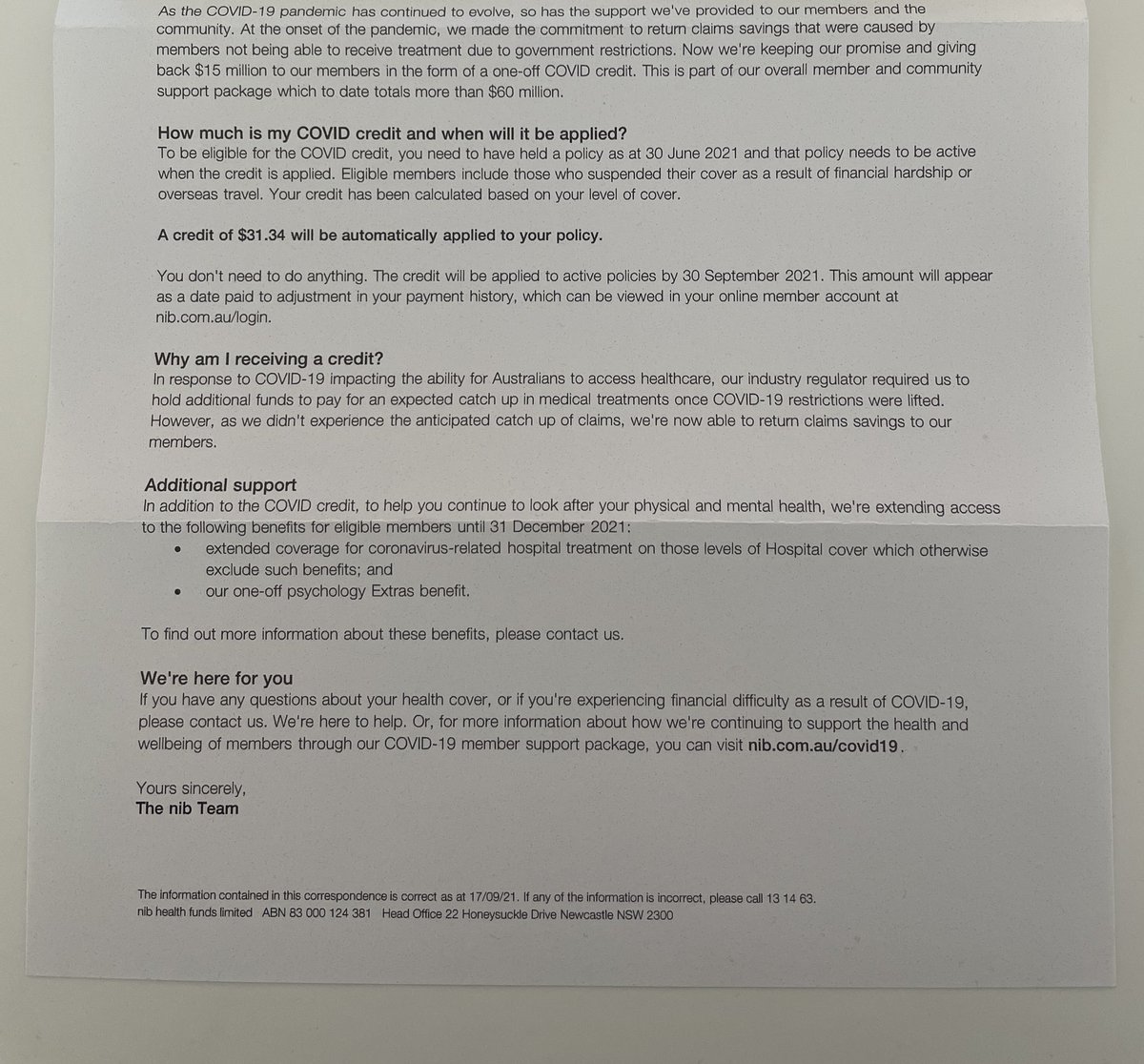 AR0D_1's tweet photo. @nibhealthfunds what a joke after the thousands spent you put back into our policy $31.34 no money into anyone account, after not being able to use services, we get this how offensive. I guess the next increase will be $31.34 #nib #news #nibhealth #COVID19nsw #GladysBerejiklian https://t.co/KdQWM06JrQ