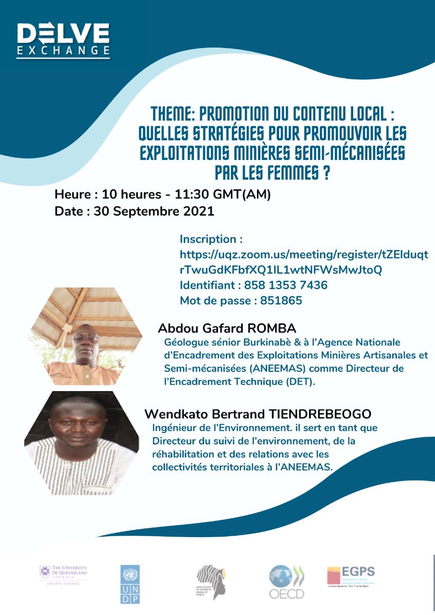 Promotion do contenu local : Quelles stratégies pour promouvoir les exploitations minières semi-mécanisées par les femmes ? 7 octobre #womeninmining #égalitédessexes uqz.zoom.us/meeting/regist…
Identifiant : 858 1353 7436
Mot de passe :  851865