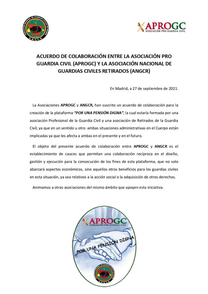 APROGC's tweet photo. La Asociación Nacional de Guardias Civiles Retirados (ANGCR) y la Asociación Pro Guardia Civil (APROGC) firman acuerdo de colaboración #PorUnaPensionDigna 

#MeGustaSerGuardiaCivil
#HablandoCLARO 🇪🇸 https://t.co/XX1hsrSDpS