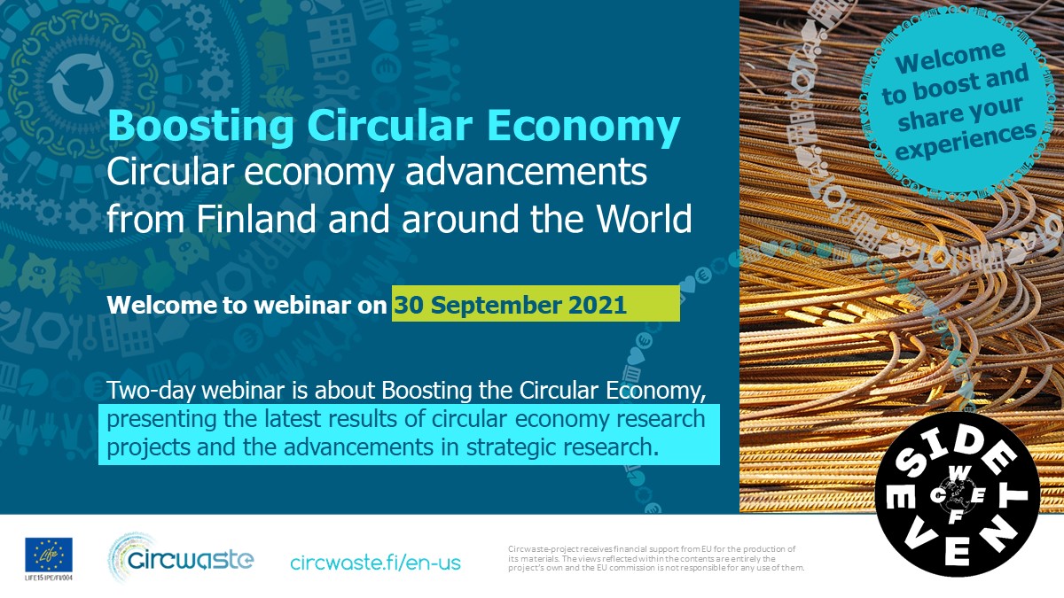 Welcome to #BoostingCircularEconomy – circular economy advancements from Finland and around the World seminar starting soon! See programme and join via Teams link: materiaalitkiertoon.fi/en-US/content/…
#circulareconomy #WCEF2021