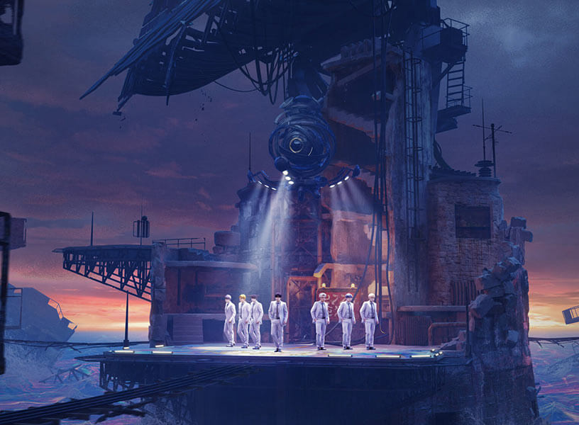 BTSUKUNITE's tweet photo. BTS's #MyUniverse clips were shot in Seoul. 🪐

Their planet, Calypso, was designed as a crumbling alien shipping port, with giant rusting structures disappearing into an ominous sky.

The concept was inspired by images of the abandoned shipping ports in Dudunka, Russia. https://t.co/c5Sn8dDcRI