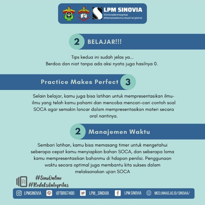 [SINO ONLINE] 
Haloo sinopeeps! 
Sino Online kini hadir dengan tips trik lainnya. Siapa sih yang suka deg-degan kalau mau ujian SOCA? Atau masih bingung ujian SOCA seperti apa?

Yuk simak postingan berikut!

LPM SINOVIA
Memediasi Komunikasi Yang Sehat