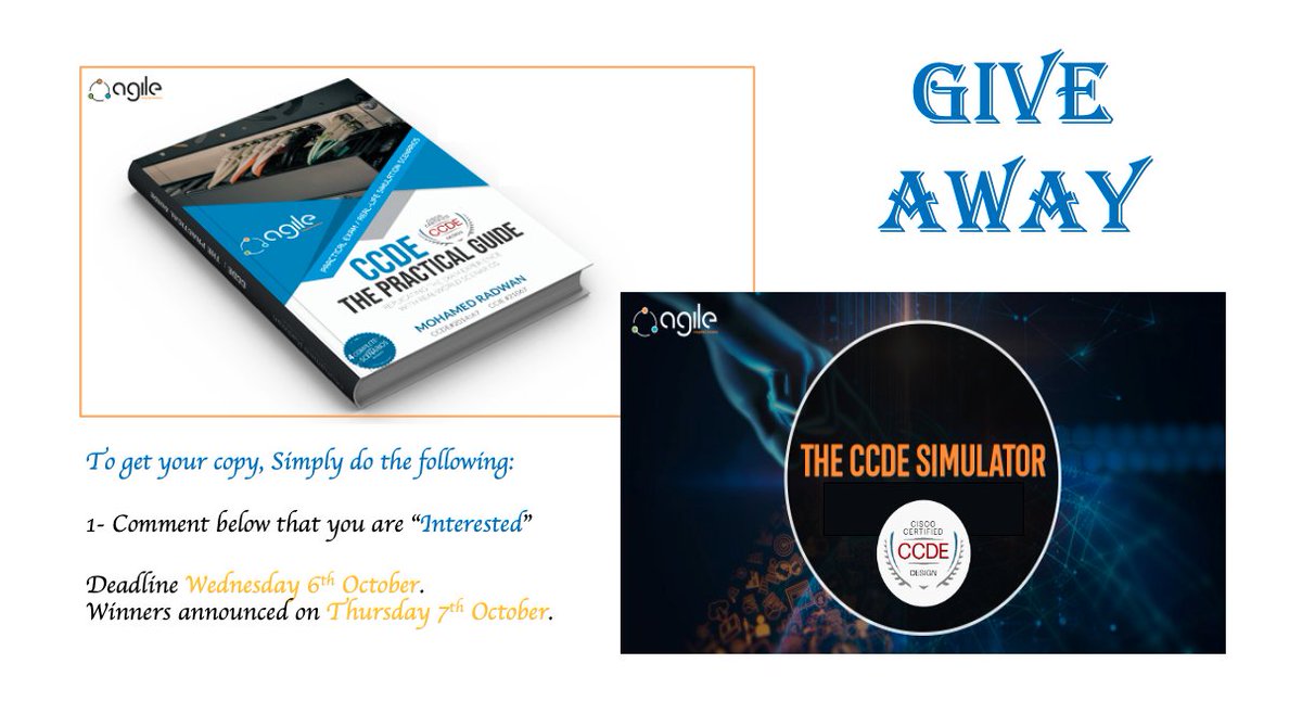 MohamedabRadwan's tweet image. As a contribution to our community, I will give away two free copies of my “CCDE Practical Guide” book, and two free access to my CCDE Simulator (this includes 4 full CCDE practical exam scenarios).

To get the chance of winning your copy simply comment that you are “Interested”.